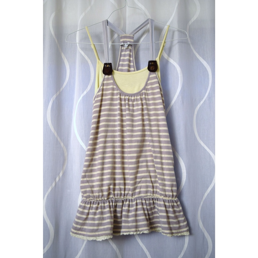 Yellow & Grey Ruffle Striped Double Layer Strappy Tank Top | Size S